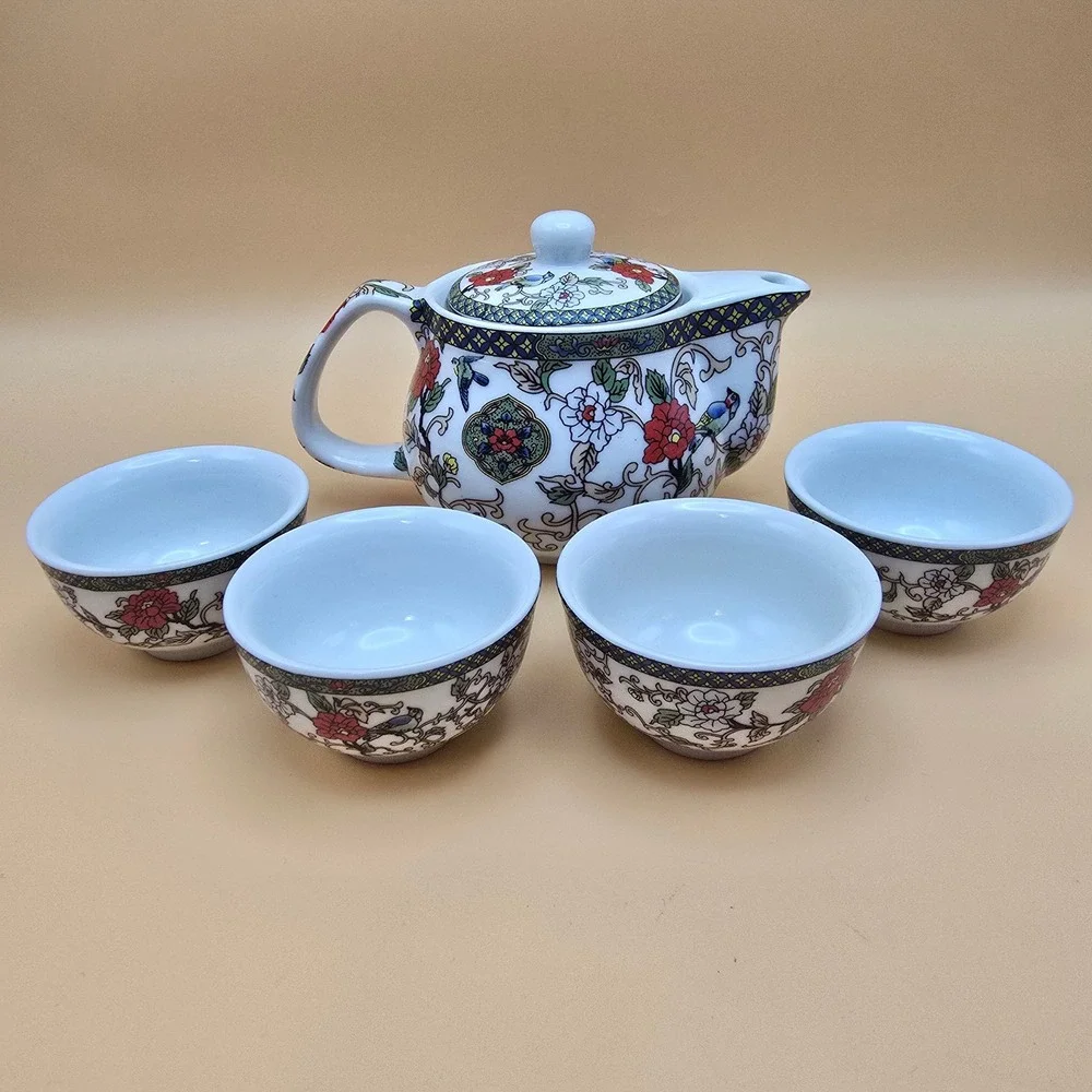 Floral Bird Porcelain Tea Set 5pc Teapot with Infuser & 4 Cups White Multicolor